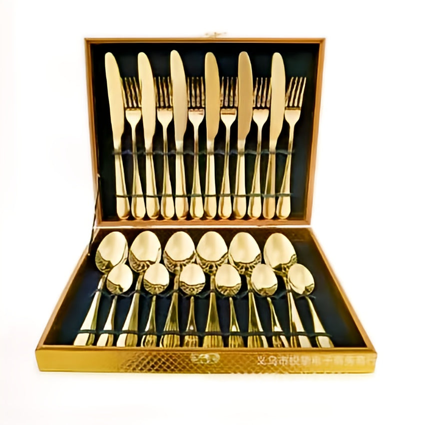 Set Of 24pcs Gold Plated Cutlery Spoon Fork And Knife