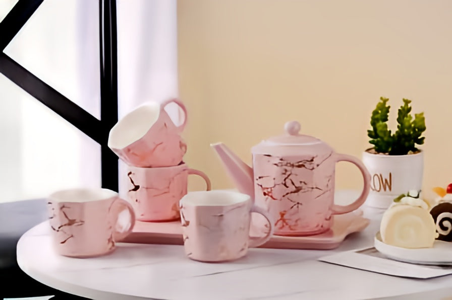 Luxury Ceramic Marble Print Porcelain Tea Set with Serving Tray - Pink