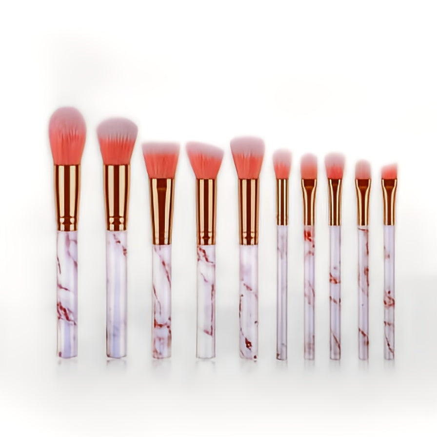 10 Pcs Marble Makeup Brushes Set - Pink