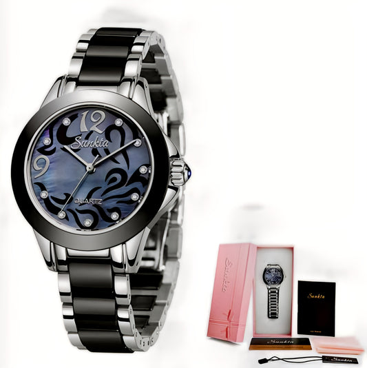 SUNKTA Explosive Ceramic Ladies Watch - Silver Black