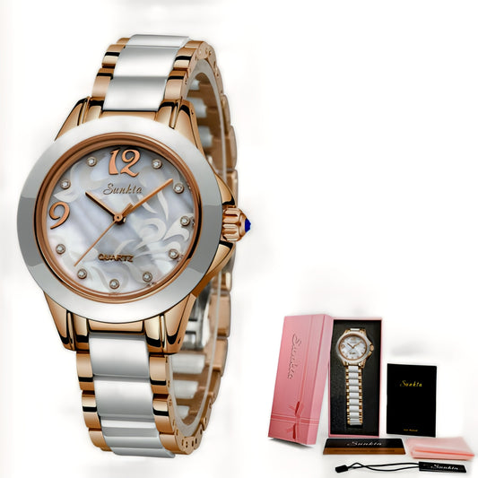 SUNKTA Explosive Ceramic Ladies Watch - Rose Gold White